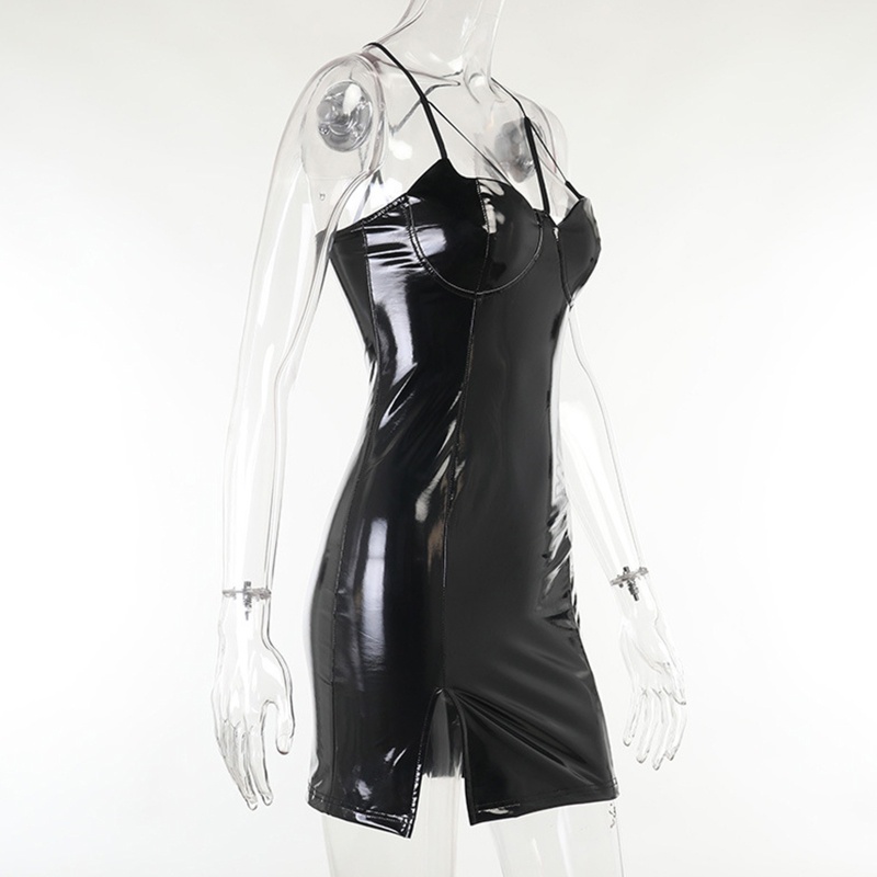 Đầm Dây Mảnh Mini Giả Da Sợi Mì Spaghetti Khoét Rỗng Gợi Cảm Phong Cách Gothic Cho Nữ