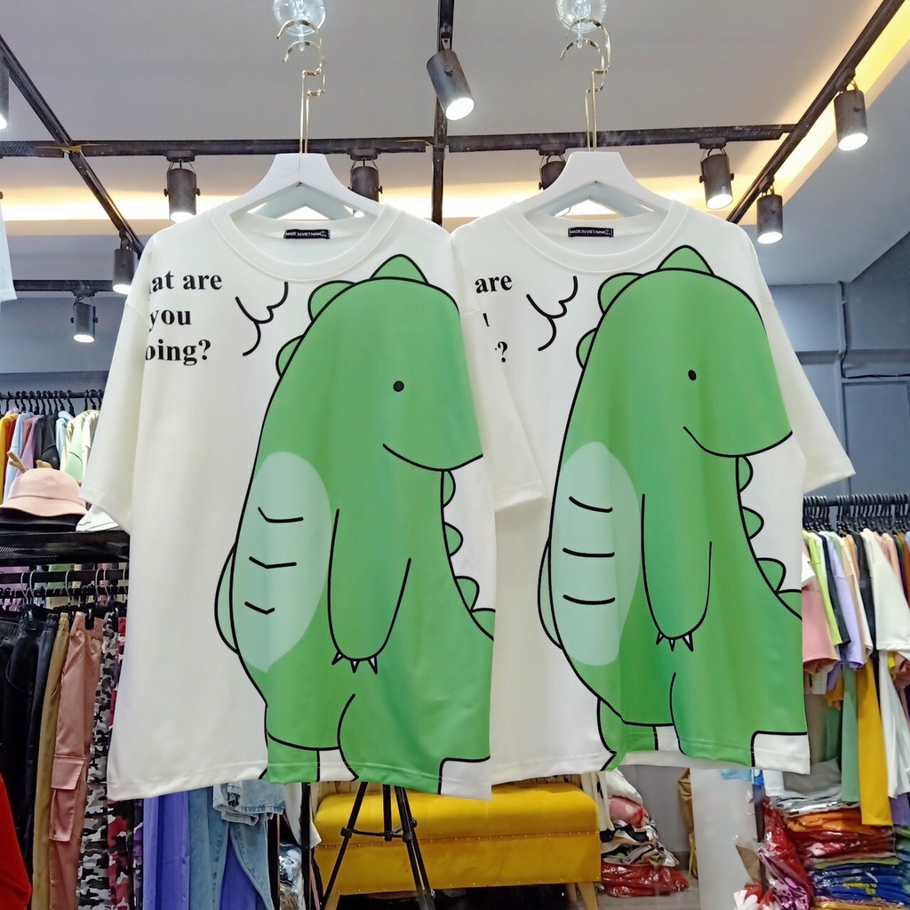 Set bộ  hoạt hình áo phông quần kate kẻ khủng long xanh lá unisex