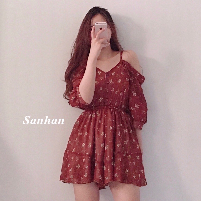 |SANHAN| Jumpsuit Voan Hoa Trễ Vai Dáng Xòe Giả Váy Xinh Xắn