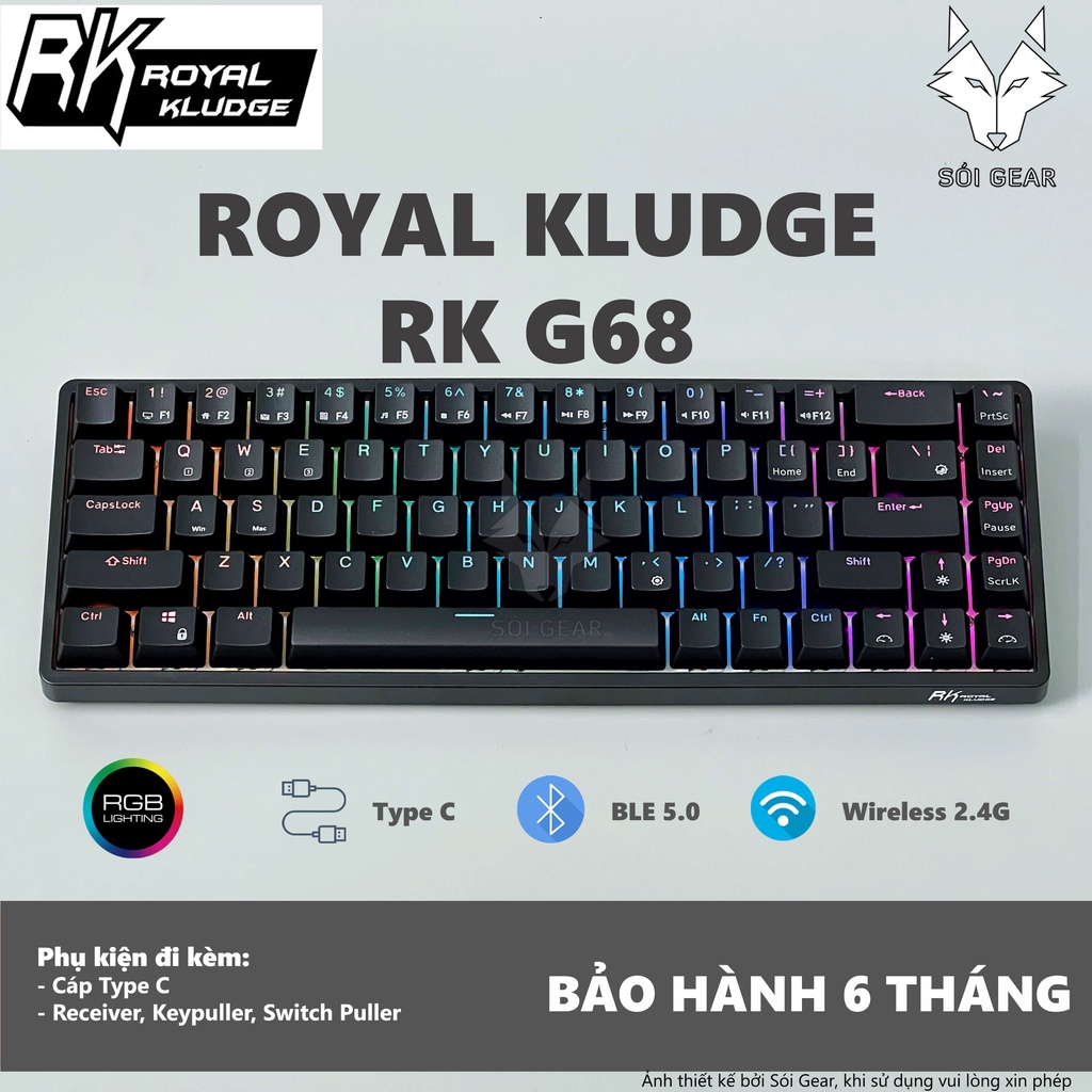 Bàn phím cơ không dây Royal Kludge RK G68 HOTSWAP, Led RGB, Type C, Bluetooth 5.0, Wireless 2.4G, Màu Đen &amp;  Màu Trắng