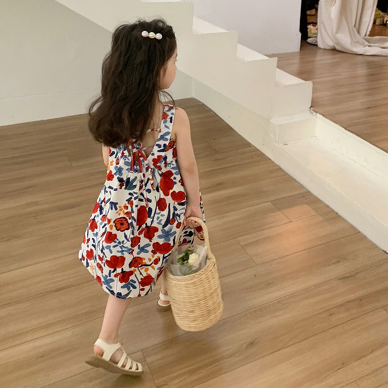 Se7en Đầm Công Chúa Mùa Hè Hai Dây Eo Phồng In Họa Tiết Hoa Phong Cách Hàn Quốc Cho Bé Gái