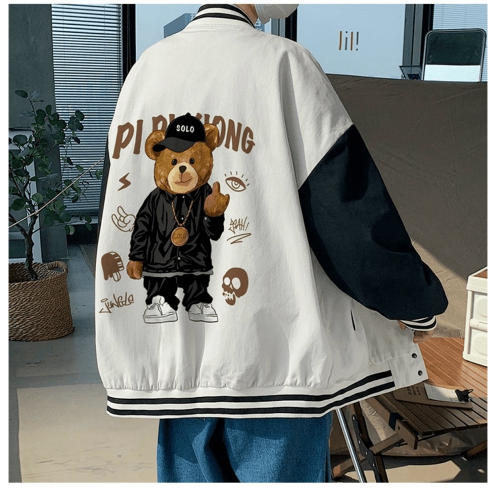 Áo Khoác Nỉ Nam Gấu Nâu 3 Màu Form Rộng Kiểu Bomber Phong Cách Trẻ Trung Nút Cài Phối Tay Khác Màu Che Nắng Chắn Gió Cực