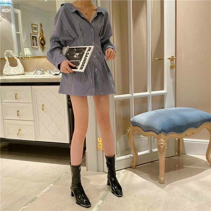 Boot bóng cao cổ mũi viền kim loại