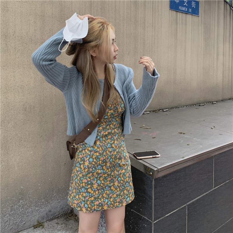 [ CÓ SẴN ] Set đầm hoa Ferrax dáng suông + áo khoác Cardigan xanh | BigBuy360 - bigbuy360.vn