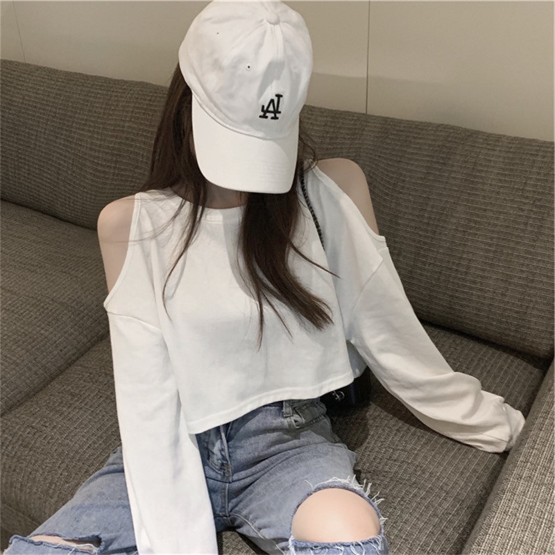 Áo Croptop Aimeehouse Áo thun nữ Tay Dài Trễ Vai Quyến rũ hàng Quảng Châu