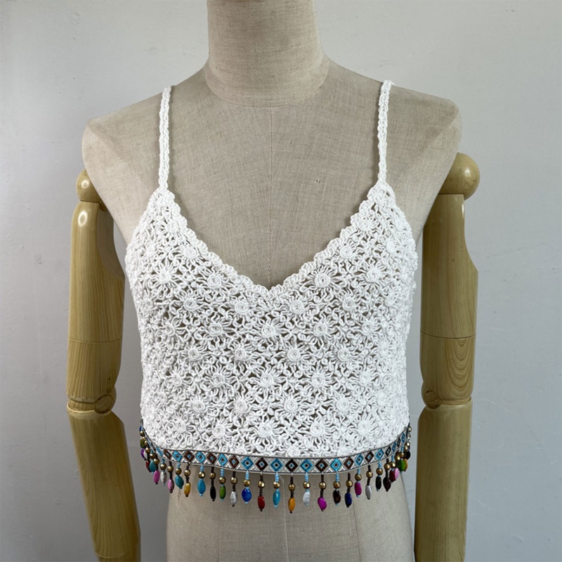 Brroa Áo Croptop Dệt Kim Hai Dây Cổ Chữ V Màu Trơn Họa Tiết Hoa Cúc Nhiều Màu Sắc Phong Cách Dân Tộc Cho Nữ