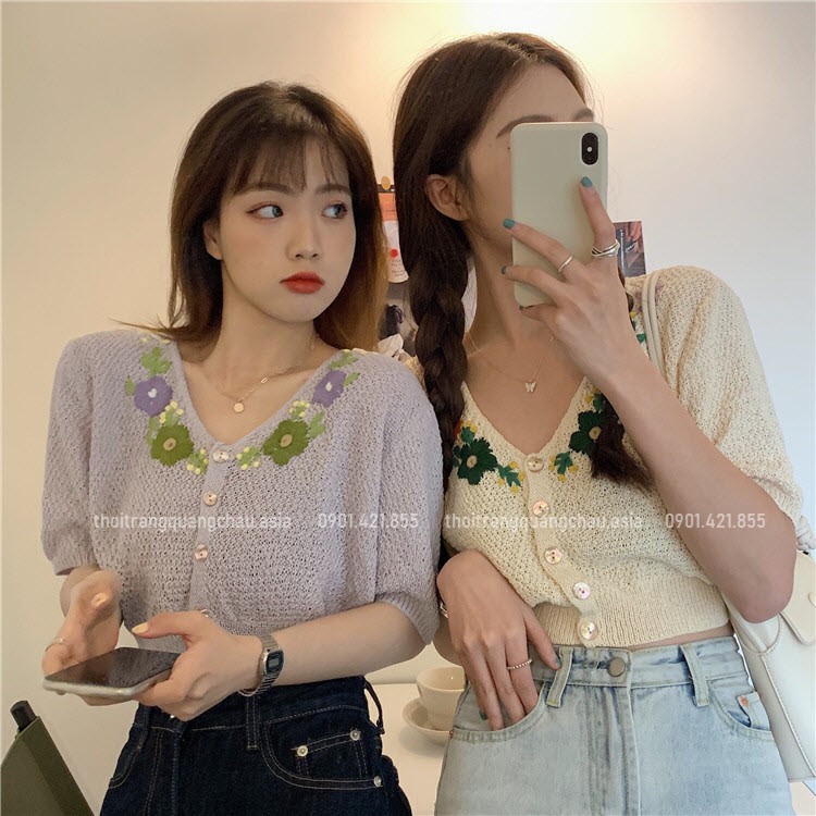 [Hàng Nhập]  Áo Crop top Len Đi Biển Mùa Hè Thêu Hoa #OLOME2