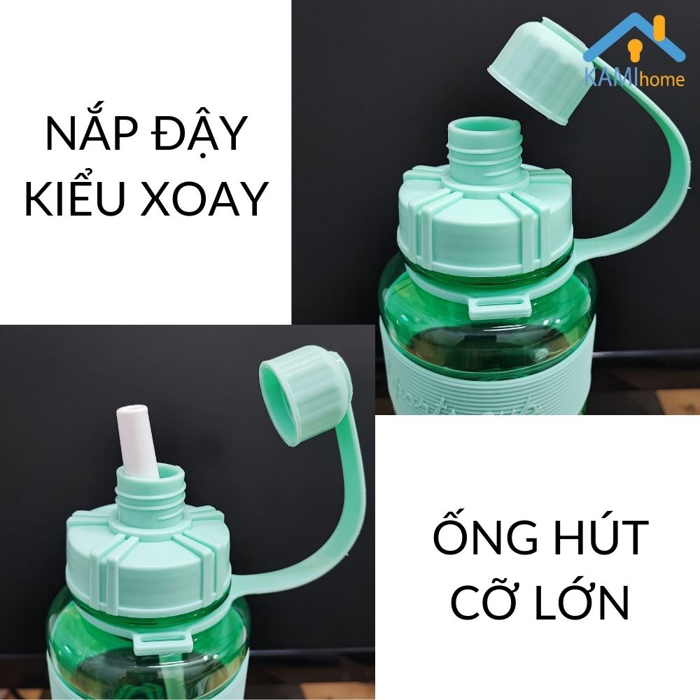 Bình nước cỡ lớn chia vạch 1.000ml (Hàng chuẩn có Dây đeo và Ống hút) KM22044