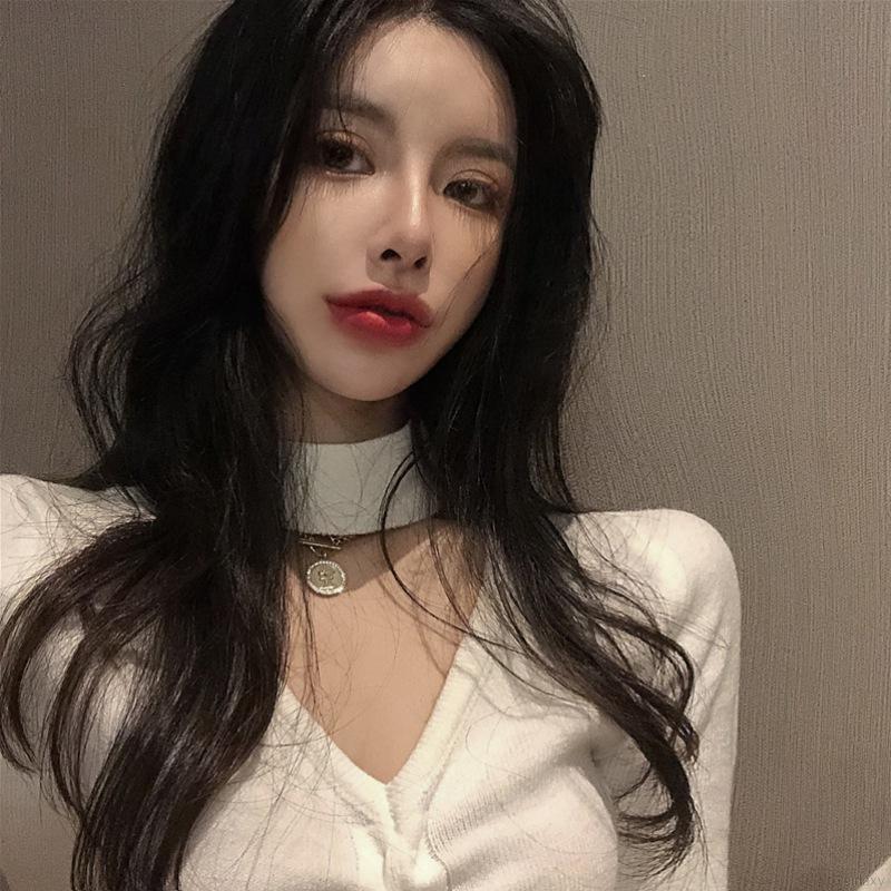 Áo Kiểu Dệt Kim Tay Dài Cổ Chữ V Có Dây Rút Giữa Màu Trơn Phong Cách Hàn Quốc