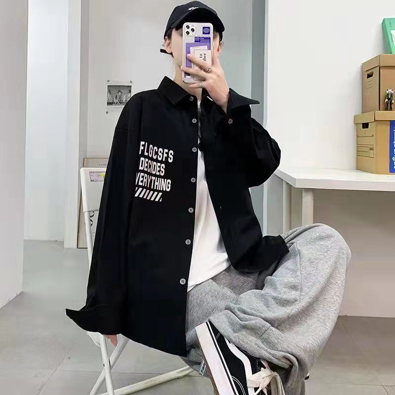 Áo Sơ Mi Tay Dài Có Cổ Họa Tiết Chữ Phong Cách Hàn Quốc Thời Trang Cho Nam/Nữ