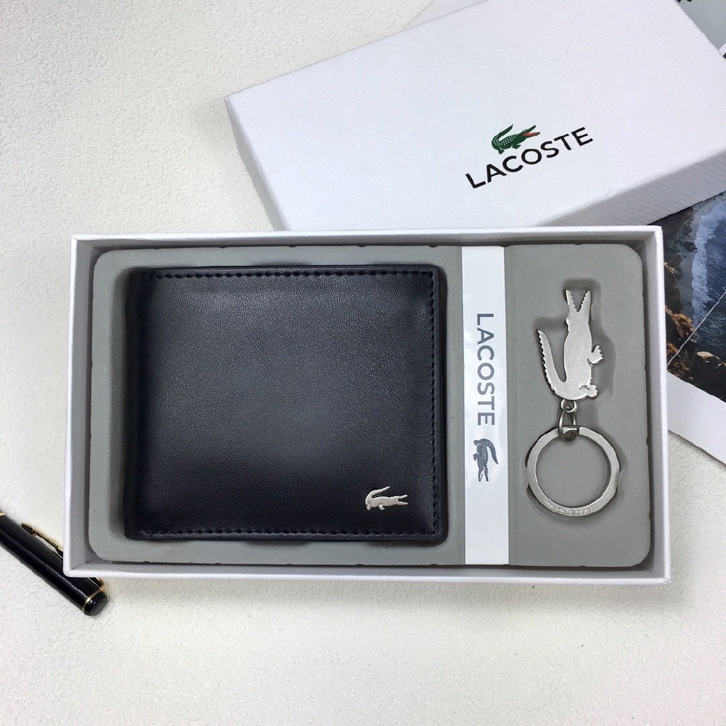 Lacoste Short Wallet Card Holder Package Wallets Leather Coin Purse Poch Bag with Keychain