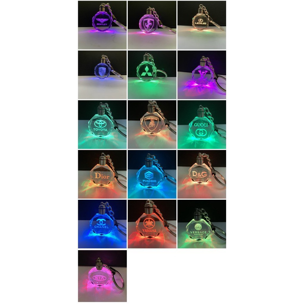 Móc khóa pha lê khắc laser chìm logo các hãng xe và hãng thời trang đèn LED đa sắc 7 màu