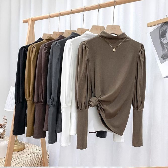 Áo Thun Tay Dài Phồng Cổ Lọ Mẫu Mới Năm 2021 Phong Cách Phương Tây Thời Trang Thu Đông Hàn Quốc Cho Nữ