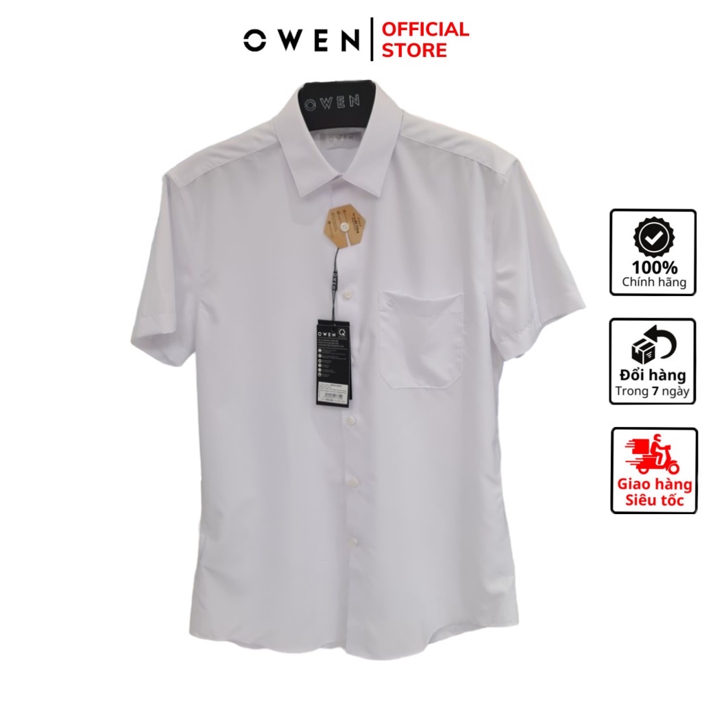 Áo sơ mi nam ngắn tay OWEN AR230328NT somi công sở vải sợi sồi cao cấp màu trắng dáng suông tà lượn có túi