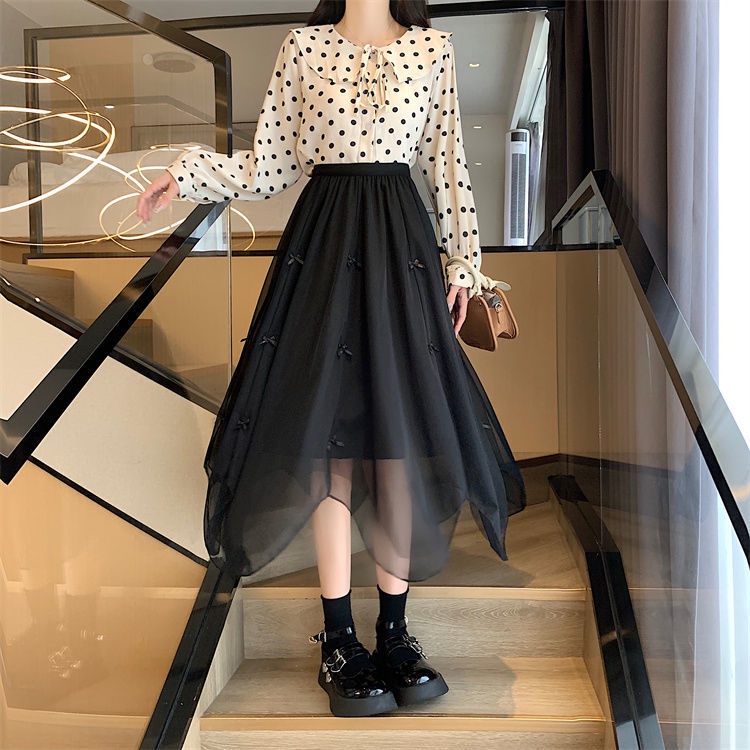 Chân Váy Chữ A Lưng Cao Phối Lưới Và Nơ Xinh Xắn Dễ Phối Đồ