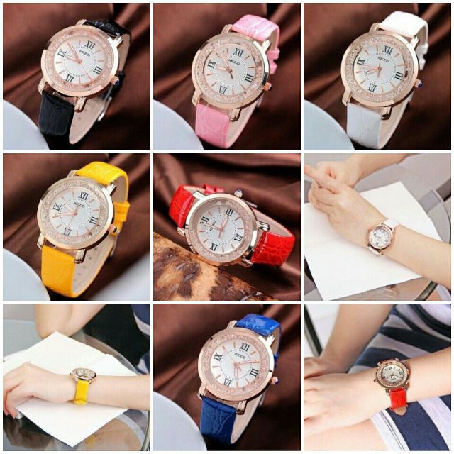 ĐỒNG HỒ NỮ DÂY DA SHDHD HẠT XOAY KIM CƯƠNG CỰC ĐẸP