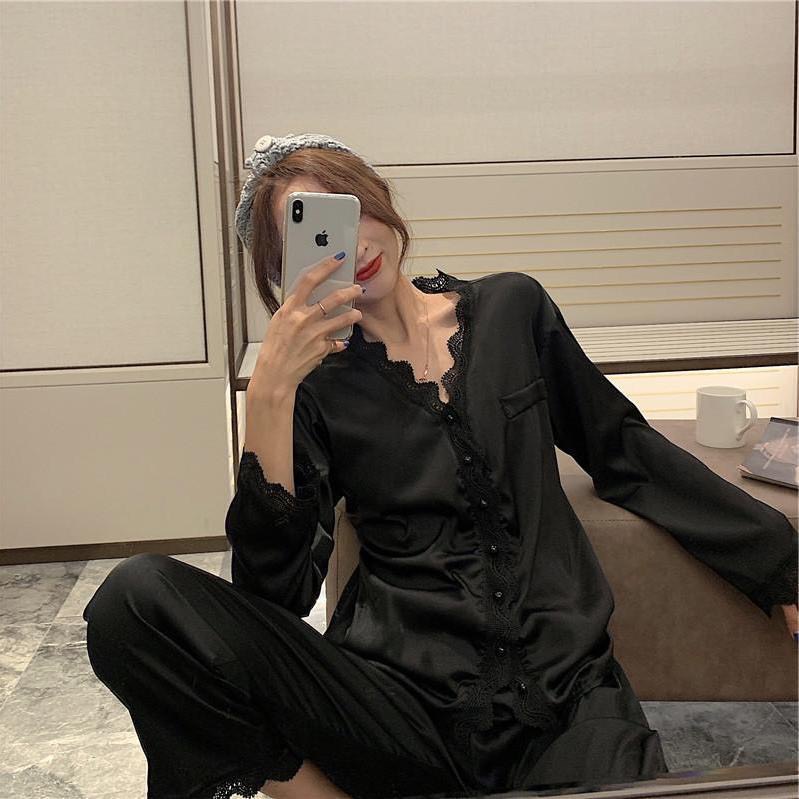 Bộ Ngủ Lụa, Bộ Mặc Nhà Pyjama Lụa Ren Tiểu Thư Dài Tay