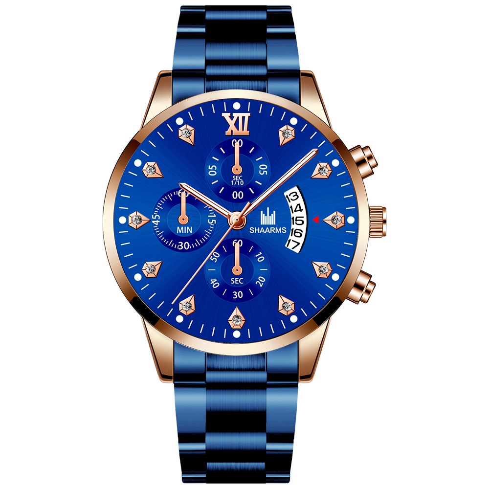Đồng Hồ Đeo Tay Ba Mắt Bằng Thép Không Gỉ Đính Kim Cương Giả Màu Xanh Dương Độc Đáo Thời Trang Cho Nam C