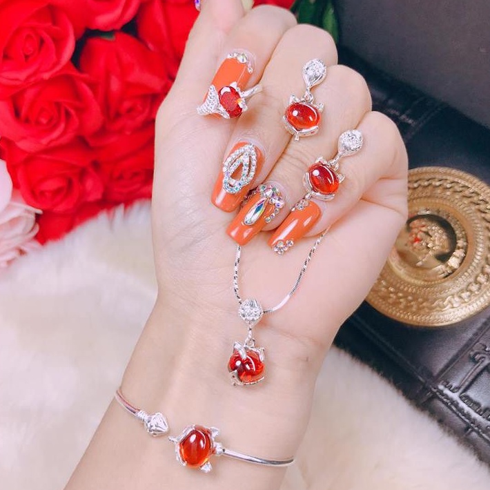 Bộ trang sức hồ ly đá phong thủy gồm dây chuyền hồ ly nhẫn lắc tay bông tai Vàng bạc an chi