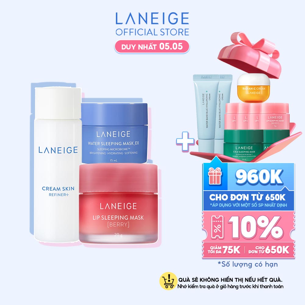 Bộ mặt nạ ngủ dành cho môi, da và nước cân bằng dưỡng ẩm Laneige