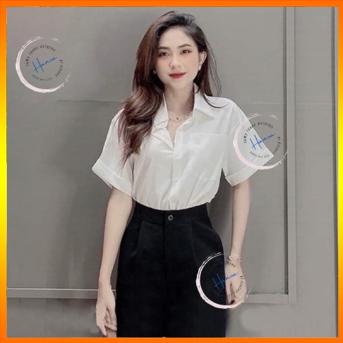 Áo Sơ Mi Trắng Cộc Tay Nữ Cổ Bẻ Có Túi Trước Ngực Form Rộng