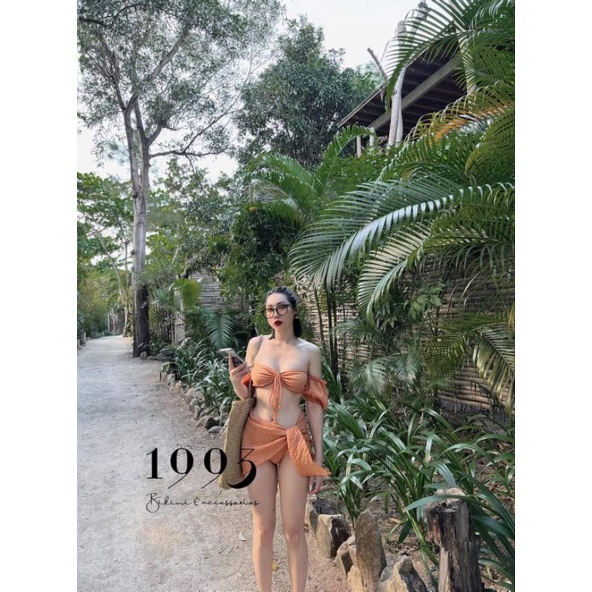 Set bikini bộ bơi đồ bơi nữ đi biển cúp ngực phối khoen tay phồng kèm khăn quấn EVA S3MTBK