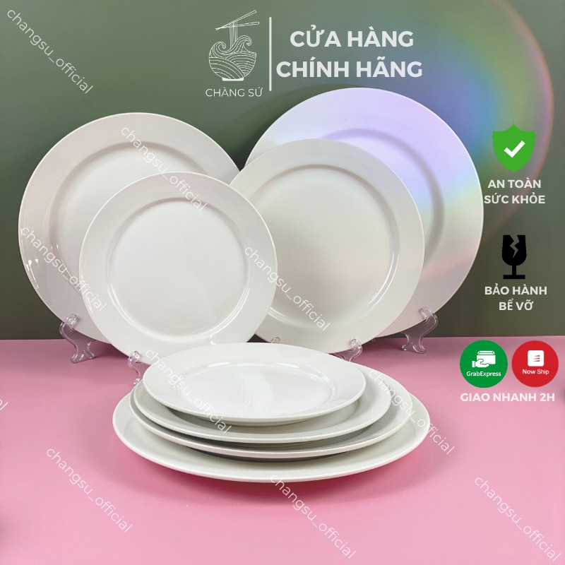 Bộ đĩa sứ tròn trắng trơn 4 dĩa cạn lòng nông giá rẻ - Vỡ 1 đổi 1 - Chàng Sứ HCB4D