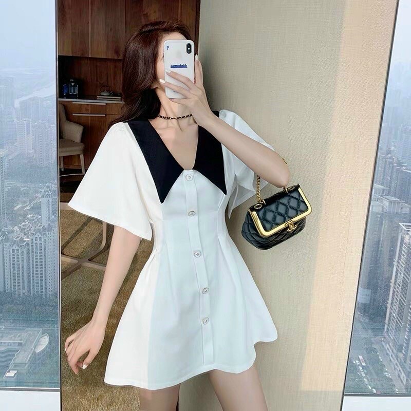 Đầm cổ bèo phối 2 màu đơn giản nhưng siêu xinh thời trang nữ dành cho các vừa đi chơi, đi dạo phố
