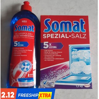 Combo 1 hộp muối rửa chén somat 1kg2 và 1chai nước làm bóng 750ml