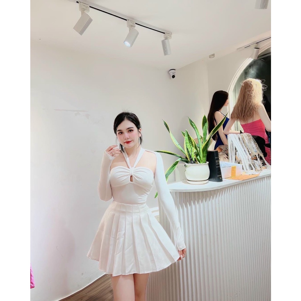 áo kiểu hở ngực cột dây đeo cổ hở ngực mới thun gân lna