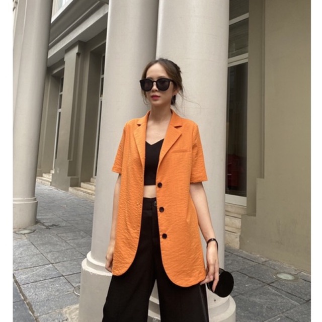 Áo khoác blazer nữ cộc tay dáng dài hàng thiết kế Huien Design form Hàn Quốc, đa màu sắc, 4 khuy dọc, vest nữ thanh lịch | BigBuy360 - bigbuy360.vn