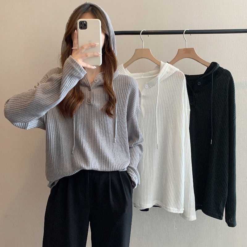 Áo Hoodie Mỏng Dáng Rộng Tay Dài Kẻ Sọc Dọc 3 Màu Tùy Chọn Kiểu Hàn Quốc Màu Sắc