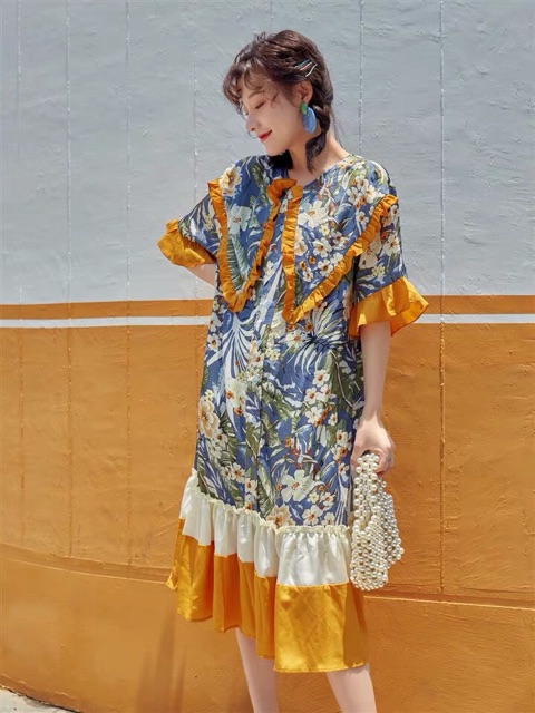 (Ảnh thật)(sẵn) Váy đầm boho hoa thổ cẩm đuôi cá phối bèo tiểu thư Pháp retro vintage | BigBuy360 - bigbuy360.vn