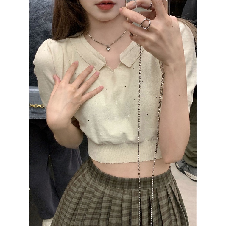 Áo Croptop Dệt Kim Tay Phồng Phối Ren Thời Trang Mùa Xuân Hàn Quốc Ngọt Ngào