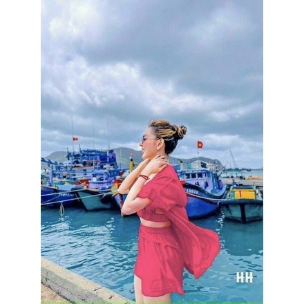 Sét bộ đồ nữ 3 món đi biển gồm 1 áo 2 dây bên trong ( có mút ) phối áo sơ mi ngoài mix quần cộc ống rộng vải mát