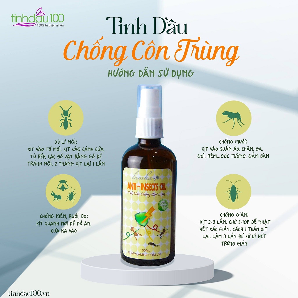 Tinh dầu chống côn trùng Lam Hà. Xịt tinh dầu đuổi muỗi, kiến, gián an toàn cho bé Tinh dầu 100 Shop