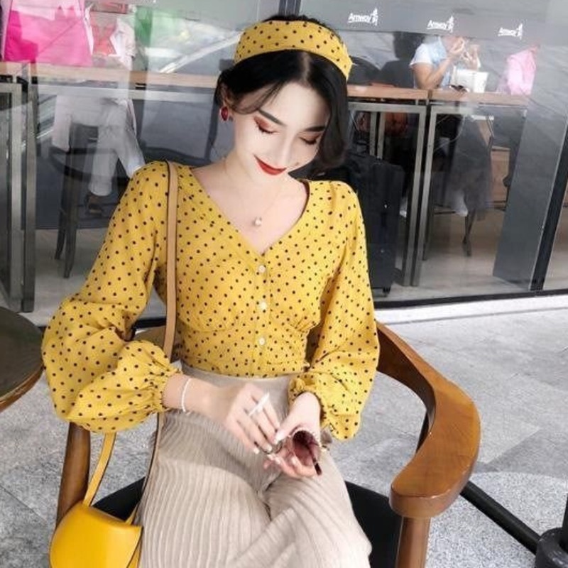 Áo Sơ Mi Tay Dài Chấm Bi Thời Trang 153010 Áo Sơ Mi Voan Cổ v Phong Cách Hàn Quốc Cho Nữ