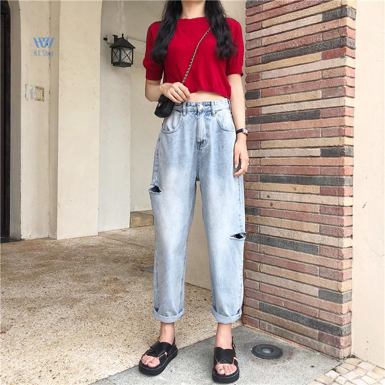 Quần Jeans rách lưng cao phong cách Hàn Quốc