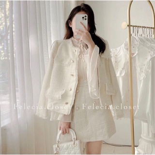 Set dạ tweed 3 món kèm áo sơ mi voan tơ sang chảnh tiểu thư