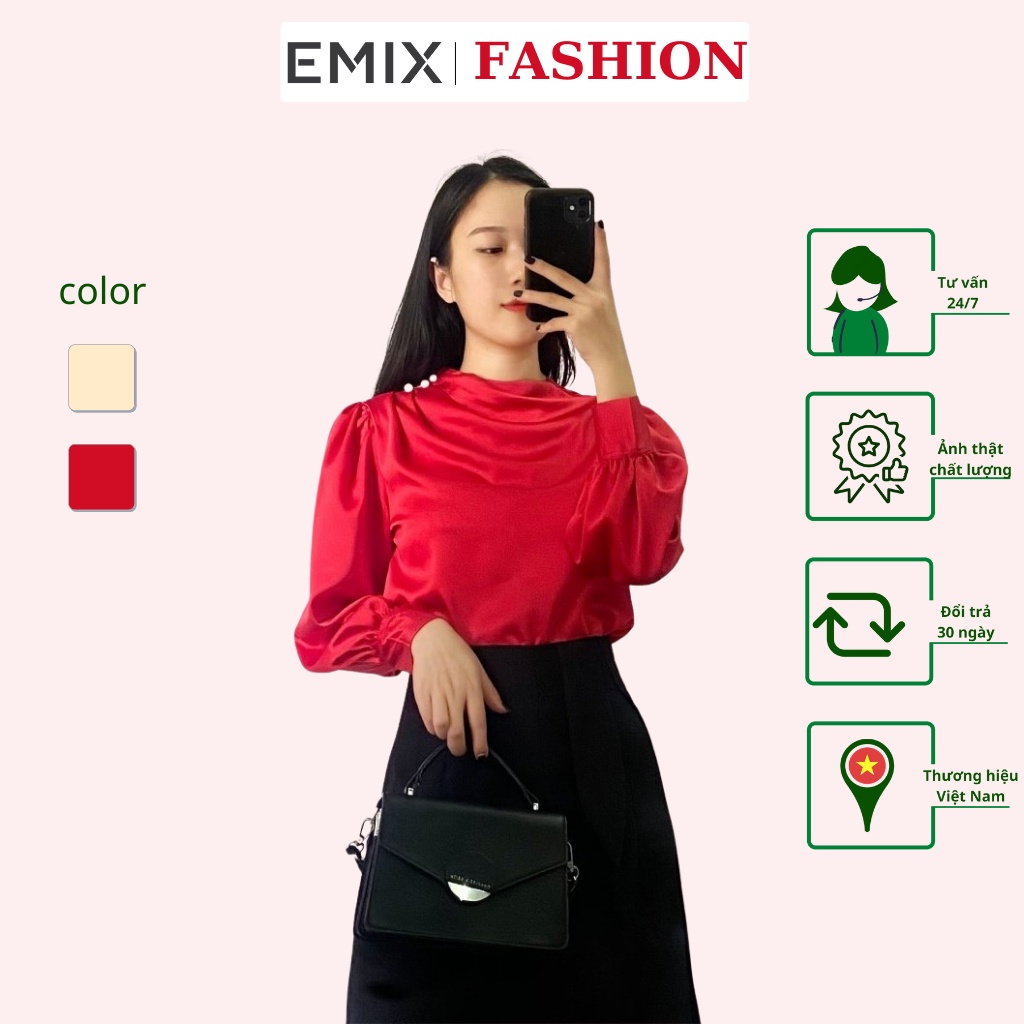 Áo sơ mi nữ kiểu vai ngọc EMIX (2 màu), công sở, dài tay, chất lụa mềm mịn, không nhăn