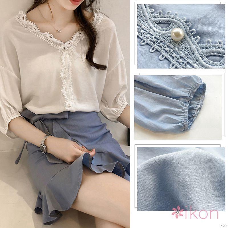 Áo cổ tim tay lửng bằng cotton pha trơn màu xinh xắn dành cho nữ