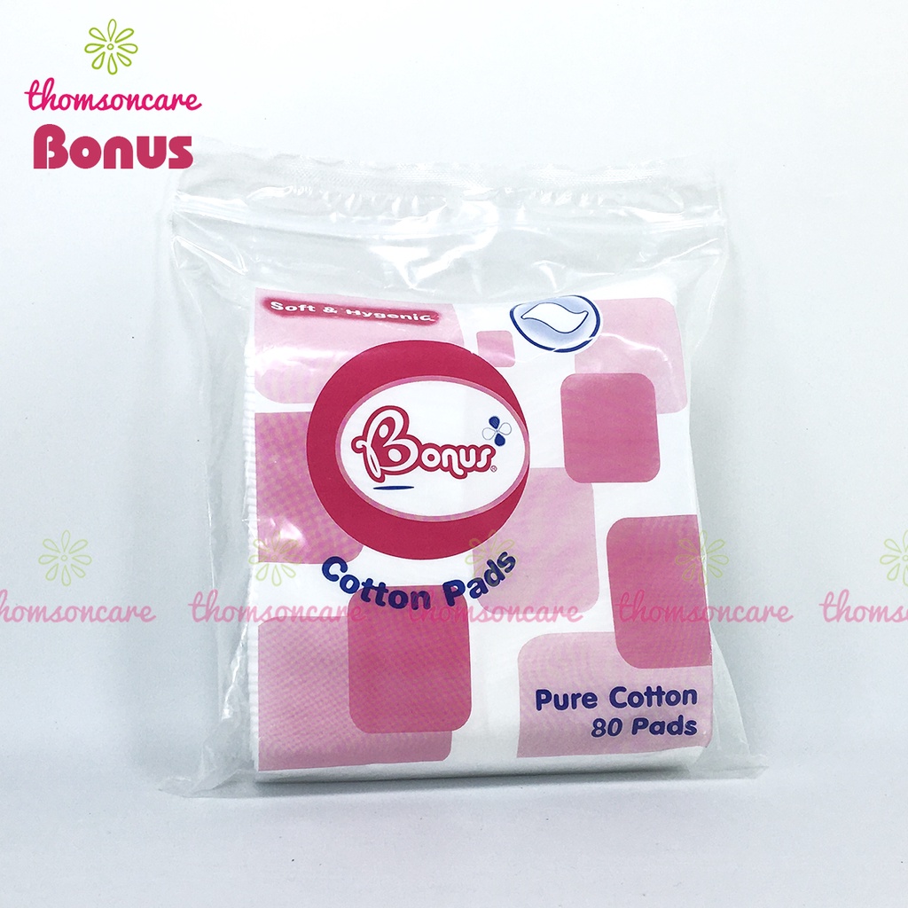 Bông tẩy trang Bonus gói 80 miếng vuông từ Thái Lan Pure Cotton Pads từ bông gòn tự nhiên