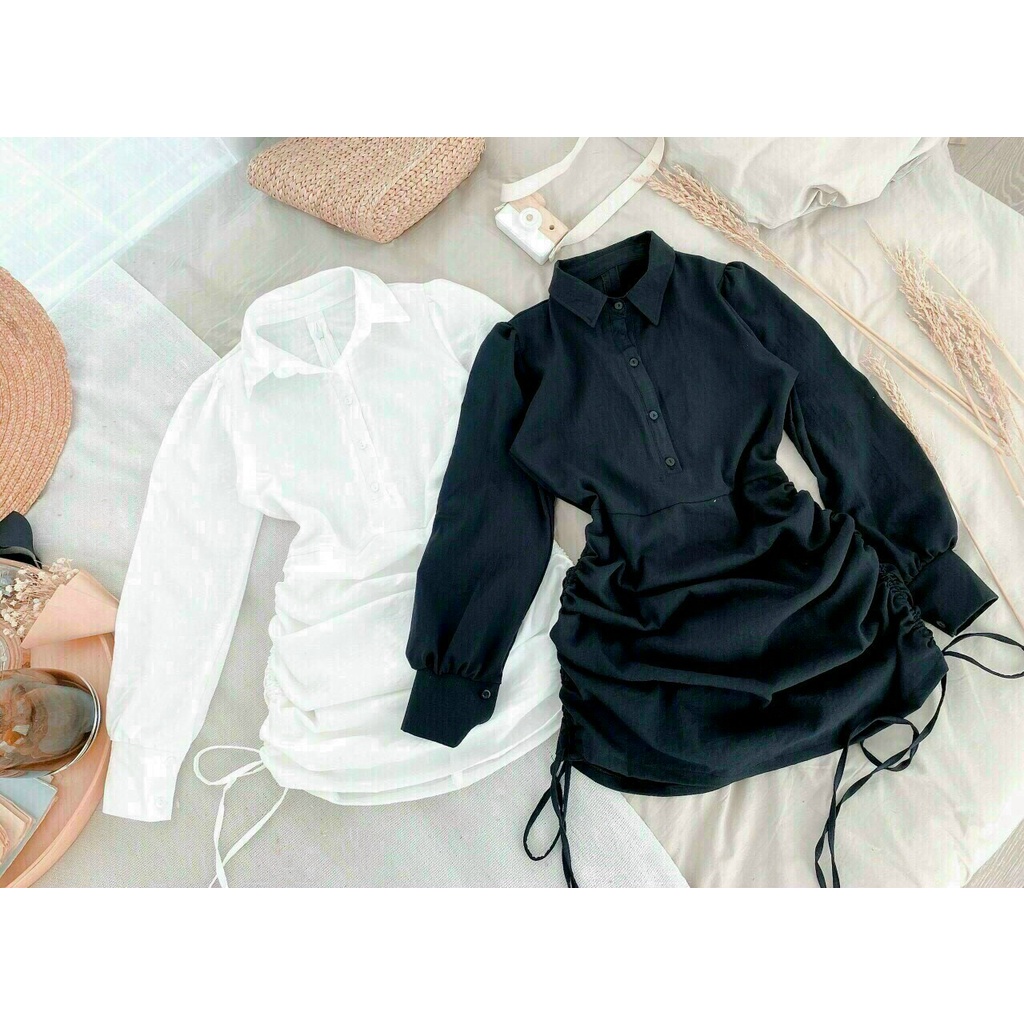 [Hot] Đầm Nhúm Sơ Mi Nút Cài Rút Dây