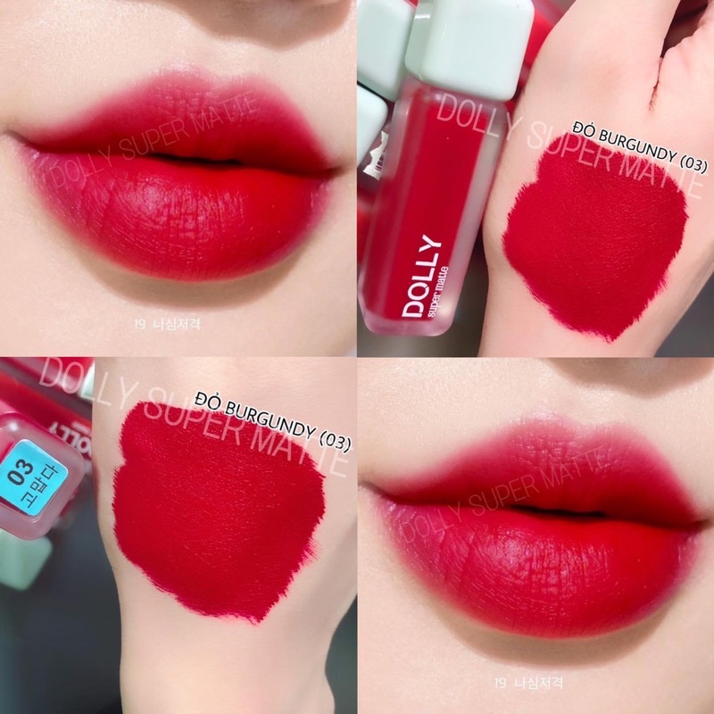 Hot Trend  [ 03 Đỏ burgundy ] Son Kem Lì Dolly Super Matte Không Chì Màu Đỏ burgundy