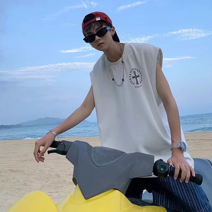 Áo Thun Sát Nách Dáng Rộng In Chữ Thập Phong Cách Hip Hop Thời Trang Đường Phố Cho Nam