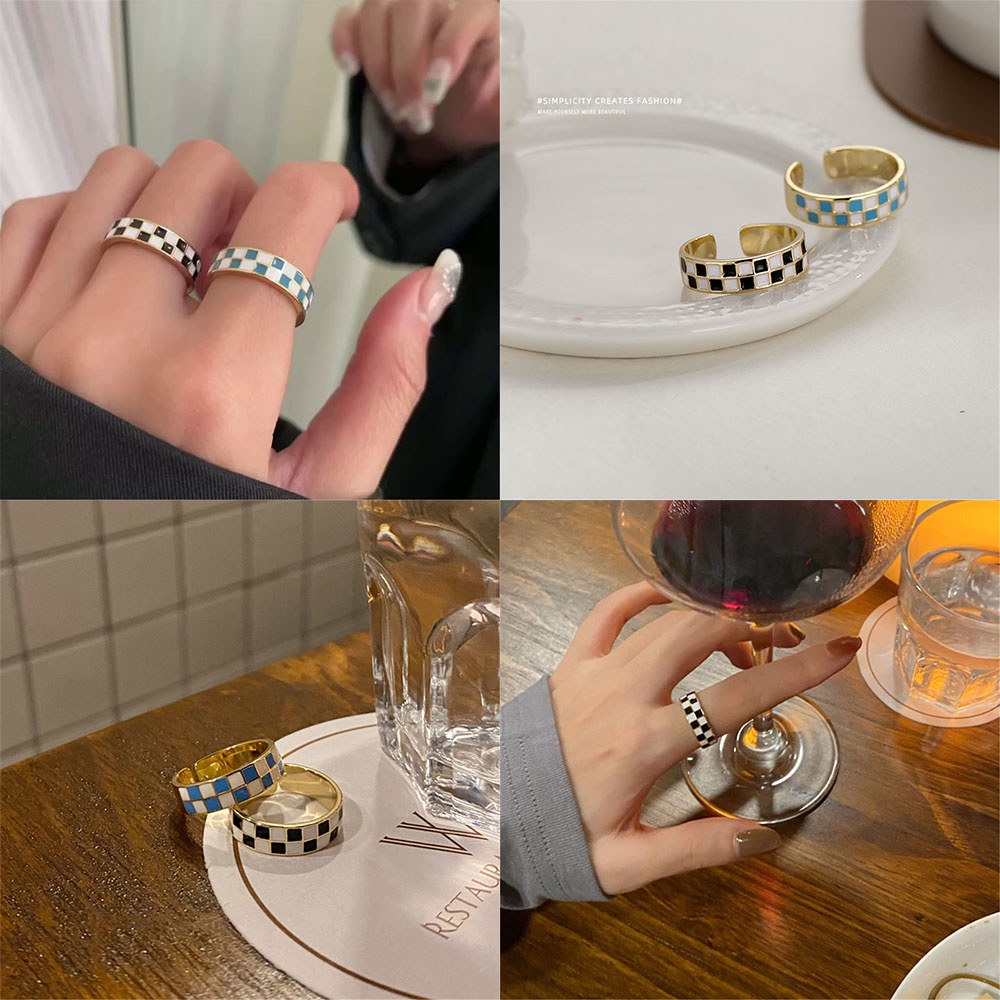 Nhẫn Kim Loại Dạng Hở Điều Chỉnh Được Họa Tiết Sọc Caro Trắng Đen Đơn Giản Có Thể Điều Chỉnh Cho Nữ