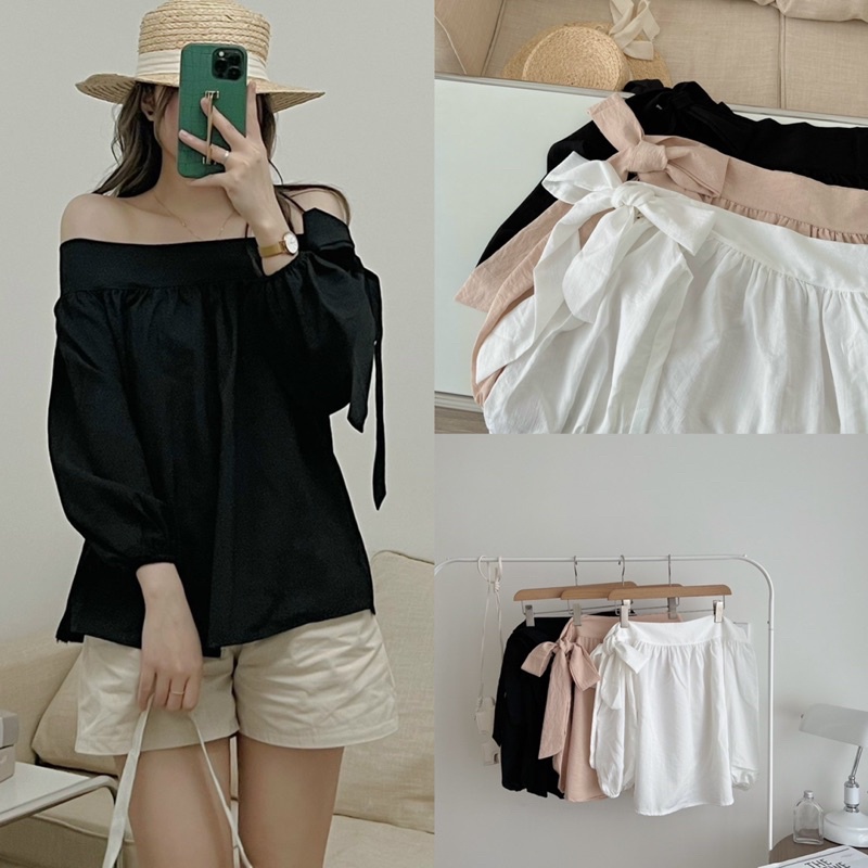 [ẢNH THẬT+VIDEO] Áo Trễ Vai Thắt Nơ Tay Dài Đen/Be/Trắng Khoe Xương Quai Xanh Quyến Gũ