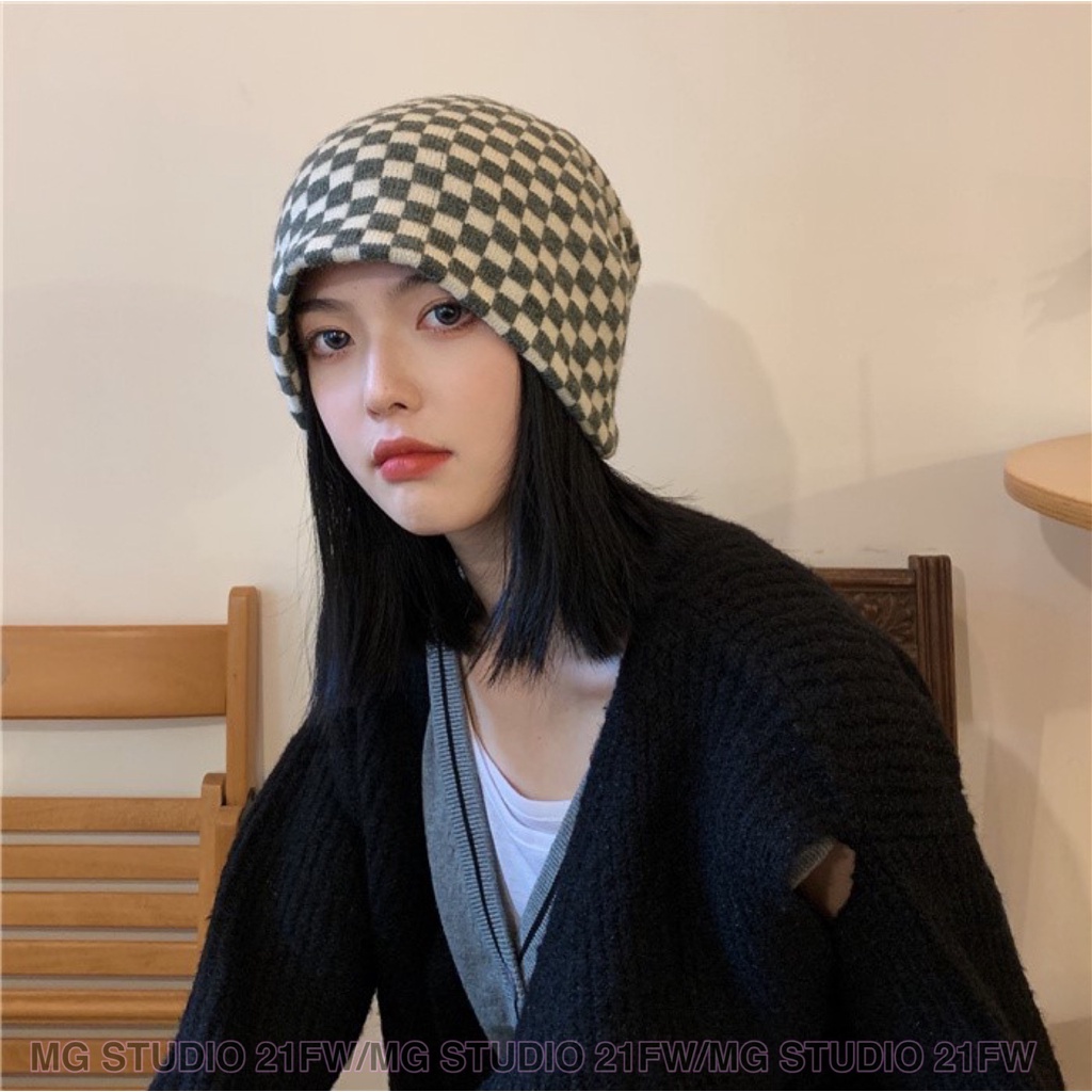 Mũ len dệt kim họa tiết caro phong cách Nhật Hàn thời trang thu đông ấm áp dễ phối đồ cho nữ