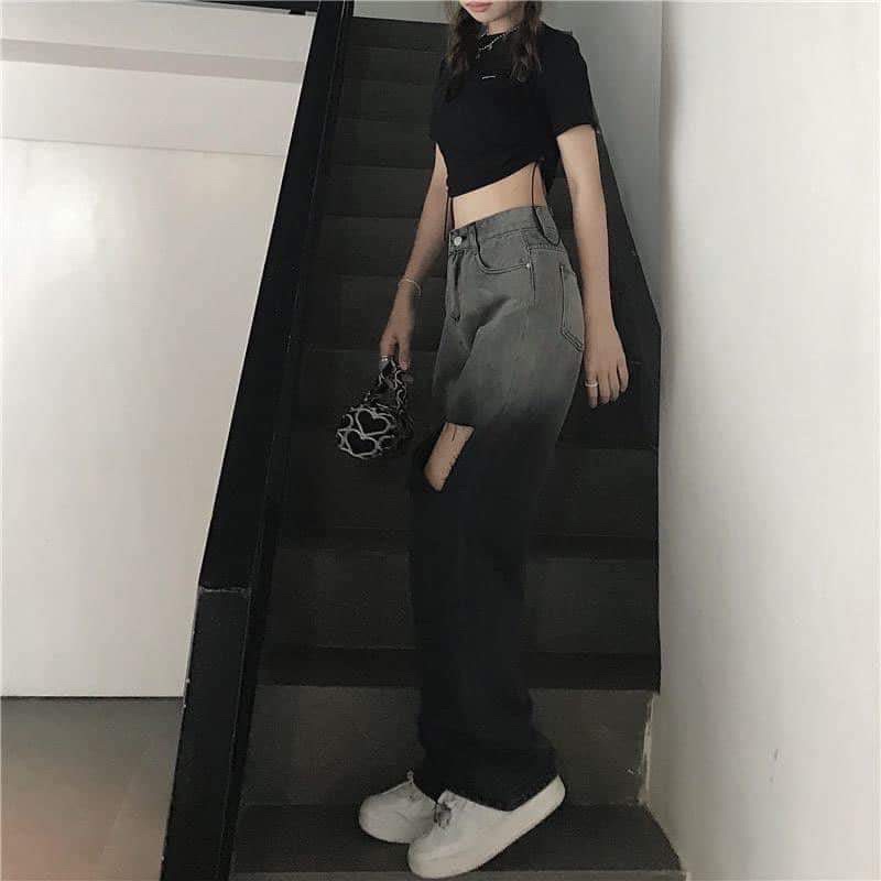 Quần jean  Quần bò loang ống rộng unisex màu đen khói dài ống đứng style Ulzzang dành cho nữ PHULA