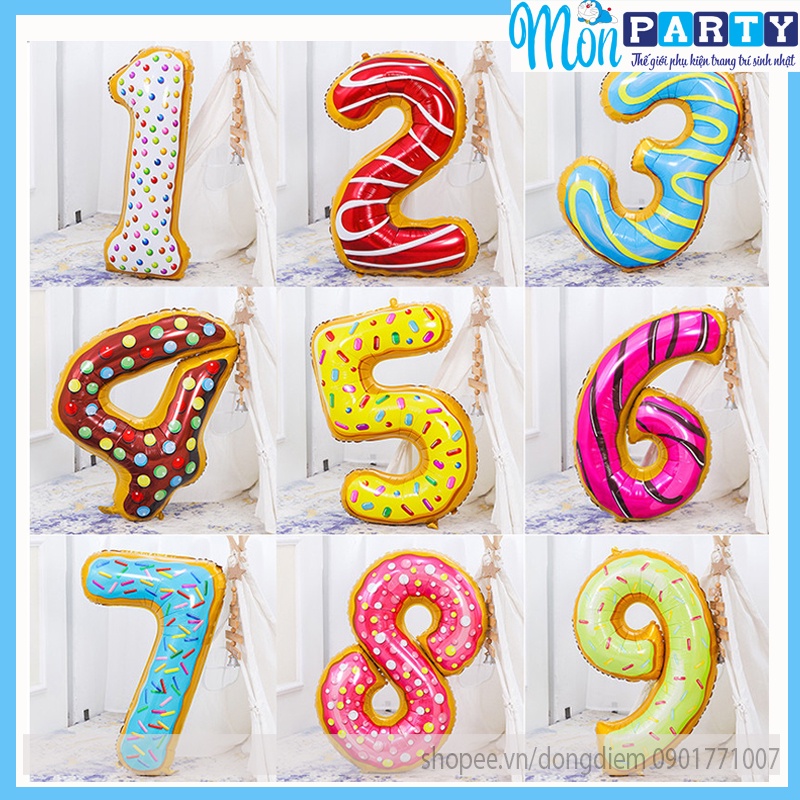 Bóng Số Sinh Nhật Họa Tiết Bánh Donut, Bóng Số Sinh Nhật Họa Tiết Đủ Màu Size To Đẹp Cao 80Cm